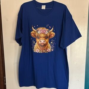 NWOT Port and Company Royal Blue Tee with Floral Cow Design